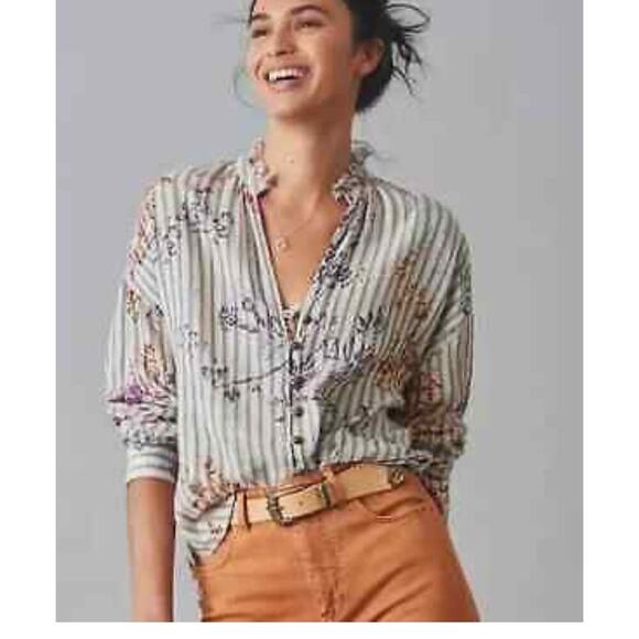 Pilcro & The Letterpress The Tavi Buttondown Striped Floral Blouse SZ SM - Picture 1 of 7
